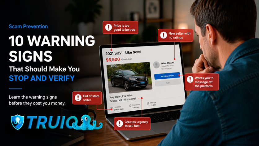Scam warning signs checklist with Truio verification theme